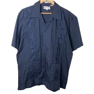 VTG New Guayabera Embroidered Navy Blue Shirt Cuban Ocean Tiki Party Bowling XL